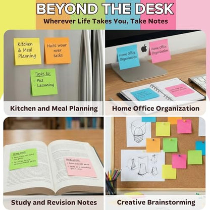Sticky Notes 3x3 (12 Pads / 1200 Sheets) – 2026 Improved Adhesive, Very Very Sticky & Bright Neon Colors – Perfect for School, Office & Desk Supplies