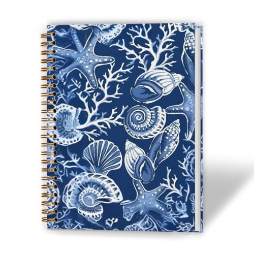 Navy Blue Beach Seashell Notebook, Coastal Ocean Journal, Beachy Starfish Coral Journal, Gifts for Beach Lovers, Marine Biology Hardcover Spiral Notebook, 5.5x8.3 Inch - color: Color_6
