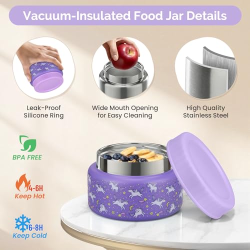 Kids Lunch Box Set with Bento Box, 9oz Stainless Steel Thermo & Insulated Lunch Bag – Hot & Cold Leakproof Lunch Container with Utensils for School & Travel - color: Purple