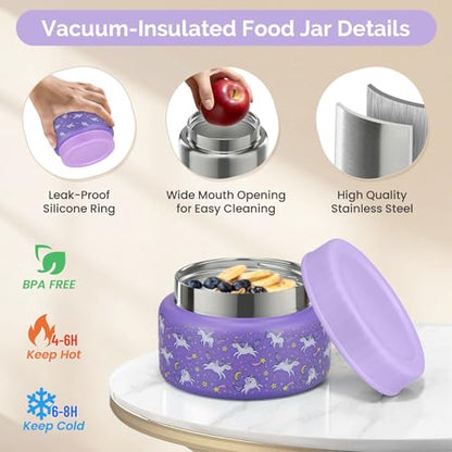 Kids Lunch Box Set with Bento Box, 9oz Stainless Steel Thermo & Insulated Lunch Bag – Hot & Cold Leakproof Lunch Container with Utensils for School & Travel - color: Purple