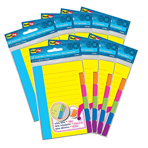 Redi-Tag Divider Sticky Notes, Tabbed Self-Stick Lined Note Pad, 60 Ruled Notes per Pack, 4 x 6 Inches, Assorted Neon Colors, 9 Pack (29509) - size: 9 Pack