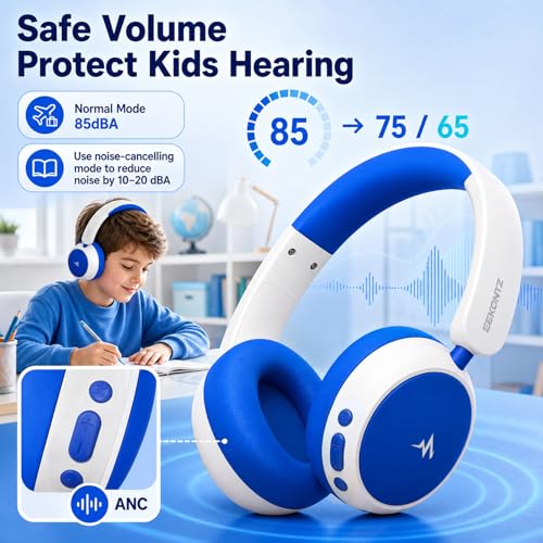 Kids Wireless Headphones with Active Noise Cancelling, 58H Playtime, Bluetooth 6.0, Safe Volume, Foldable Over-Ear Wireless Headset with 3.5mm Wired Option for iPad/Tablet,School,Travel - color: Blue