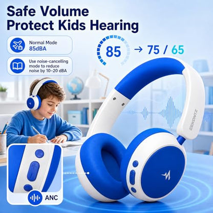 Kids Wireless Headphones with Active Noise Cancelling, 58H Playtime, Bluetooth 6.0, Safe Volume, Foldable Over-Ear Wireless Headset with 3.5mm Wired Option for iPad/Tablet,School,Travel - color: Blue