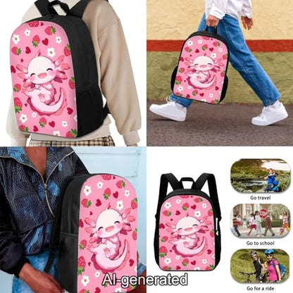 Axolotl Strawberry Kids Backpack Set Girls 3 PCS Kids Backpack with Lunch Bag Pen Bag Set Large Capacity Bookbag Casual Daypack Elementary School Boys and Girls - color: Cute Axolotl Strawberry