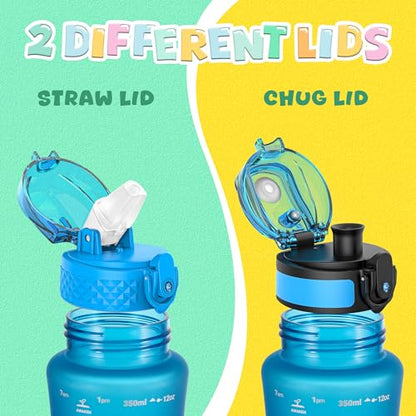 OLDLEY Kids Water Bottle for School, 12 oz (2 lids) BPA-Free Reusable Leak-proof Durable Tritan Plastic Water Bottles with Straw & Chug Lids, Anti-dust Spout Cover (Blue) - color: A-Blue, size: 12 Ounces