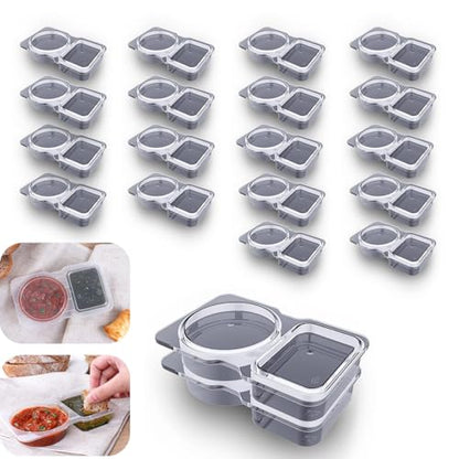 VOUKEN Double Compartment Condiment Container with Lid Double Compartment Snack Containers Double Compartment Snack Containers for to-go Sauce, Sampling, Travel Snack (Transparent 20PCS) - color: Transparent 20PCS