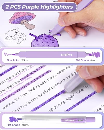 Nicpro 22PCS Pastel Gel Ink Pen Set, Cute Retractable Aesthetic Pen and Pencil, 13 Black Ink Pens with 2 Highlighter, 2 Mechanical Pencil 0.5 0.7mm, Smooth Writing Pens for School, Office(Purple) - color: Purple