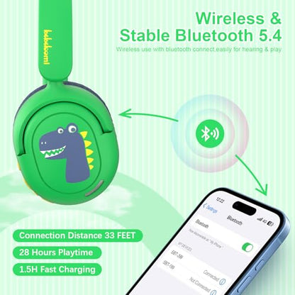 Bluetooth Kids Headphones, Wireless Headphones for Kid with Mic, 75/85/94dB Volume Limited, Includes 3.5mm Aux Cord, Foldable Dinosaur Teens Headset for School, Home, Travel, Tablet - style: Dinosaur