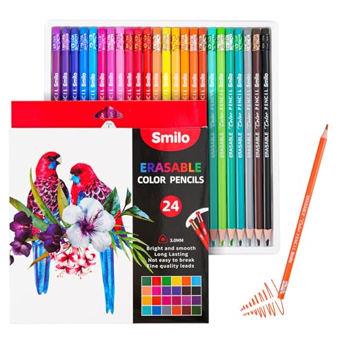 Smilo 24-Count Erasable Colored Pencils with Erasers | Easy to Erase, Smooth and Vibrant, Perfect for Adult Coloring Books, Drawing, Sketching, Art Supplies for Artists, Teens - style: 24 colors