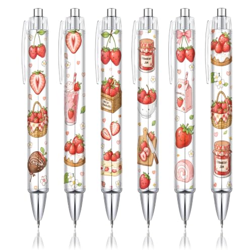 6 Pcs Cute Strawberry Pens for Girls Teens, Kawaii Fruit Ballpoint Pen Set, Aesthetic School Supplies, Teacher Gifts, Classroom Rewards, Cute Office Accessories