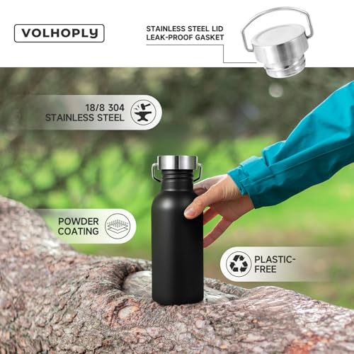 Volhoply 20oz Uninsulated Single Walled Water Bottle, Stainless Steel Reusable Water Bottles with Handle & Carabiner, BPA Free 18/8 304 Sports Water Bottles for Camping Hiking（Black,1） - color: Black