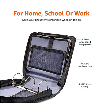 Amazon Basics Durable 3 Ring Binder with Zipper and Strap, Multiple Pockets, Sturdy Storage for School and Office, 3 inch, Black