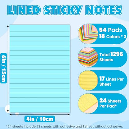 54 Pads Lined Sticky Notes, 18 Colors 4in x 6in Self Stick Note Pads, Strong Adhesive Sticky Note with Lines, Large Sticky Notes for School, Home, Office, 24 Sheets/Pad - color: 4in X 6in-54 Pads