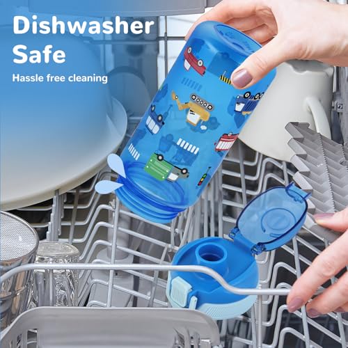 20oz 2 in 1 Removable Straw and Spout Kids Water Bottle with Pop-Up Lid & Lock, BPA-Free, Plastic Sports Water Bottle, Handle Strap, Dishwasher Safe, Boys & Girls, Transportation