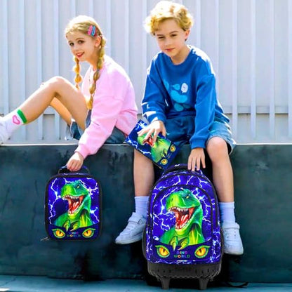 gxtvo 3PCS Kids Rolling Backpack for Boys,Water Resistant Roller Bookbag Set, Cute School Bag with Wheels for Elementary Preschool - Cute Green Dinosaur - color: Lightning Dinosaur Rolling Set
