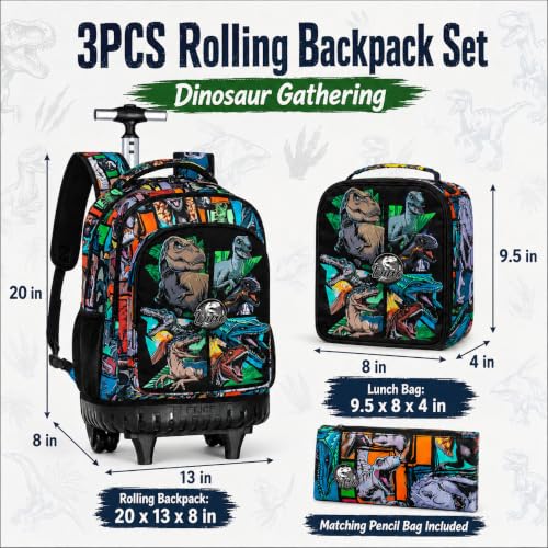 CCJPX 3PCS Rolling Backpack for Boys, 21 Inch Water Resistant Dinosaur Backpacks with Roller Wheels, Wheeled Bookbag for Teens Elementary School Travel-Brown - color: Rolling Dinosaur Black