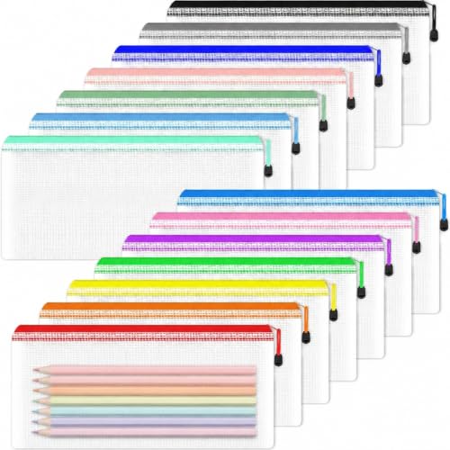 Smarpau Pencil Pouch 14pcs, 14 Colors 9.3" x 4.7" Clear Pencil Case Small Mesh Zipper Pouches, Waterproof Zipper Bags for Travel, Cosmetic, Office Storage - size: 14 Pack