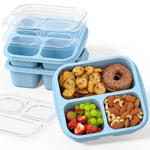 Snack Boxes (3 Pack) - Stackable Bento Boxes with 3 Compartments, Meal Prep Containers Reusable, Lightweight Lunch Containers for Kids and Adults, BPA Free (Blue) - color: Blue
