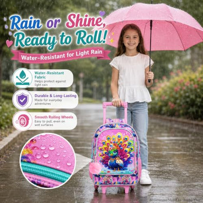 3Pcs Rolling Backpack for Girls, Peacock Roller Bookbag with Lunch Box, Kids School Backpacks with Wheels for Elementary Preschool(Pink) - color: Peacock Pink