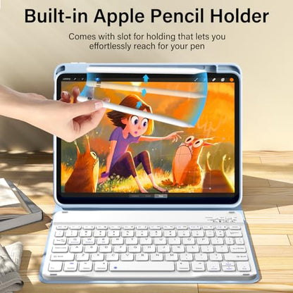 kenke for iPad 11/10th Gen Case with Keyboard 11/10.9 inch 2025 A16/2022, Detachable Wireless Bluetooth Keyboard Case with Bulit-in Pencil Holder, White Square Keycaps (Blue) - color: Blue