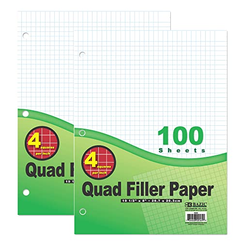 BAZIC Products Quad-Ruled Filler Paper, 4 Sq/in, 3-Hole, 100 Sheets, 2-Pack | 4 squares per inch, 10.5 x 8 in, 3-hole punched, fit 3-ring binders, math - color: White Quad-ruled, size: 2-Pack