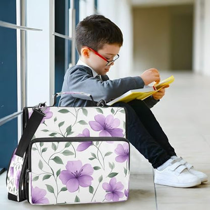 Kigai Purple Flowers 3 Ring Zipper Binder with Handle & Shoulder Strap Trapper Keeper Expanding File Multiple Pockets Binder Organizer