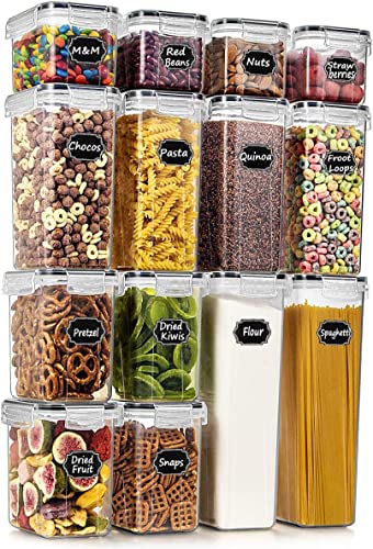 Wildone Airtight Food Storage Containers with Lids, 14PC Plastic Kitchen Storage Containers for Pantry Organization and Storage, Cereal, Flour and Sugar Containers, Include 20 Labels & Pen | For Spaghetti, Pasta, Dry Food, Flour, Sugar, Plastic Canisters