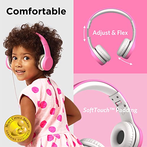LilGadgets Connect+ Foldable Headphones, Adjustable Fit Soft Touch Padding for Kids with Mic, Volume-Limited & Noise Reduction On-Ear Wired Headset for School with SharePort - Pink, Ages 3-14 - color: Pink