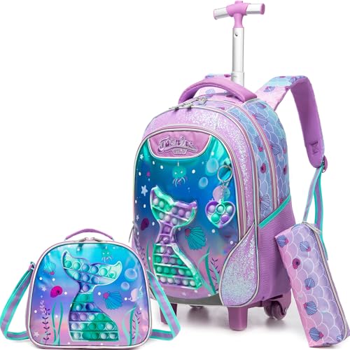 Meetbelify Mermaid Rolling Backpack for Girls Kids Wheels Backpacks for Elementary Student Wheeled Trolley Trip Luggage for Teen Girls with Lunch Box Pencil Case - color: Mermaid Purple