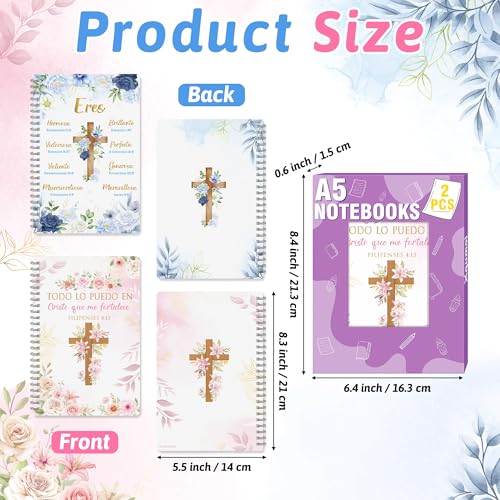 Xqumoi 2 Pack A5 Spanish Christian Spiral Notebooks - Floral Cross Religious Bible Verse Ruled Journal Writing Notebooks Inspirational Gift for Women Christmas Back to School Office Supplies - style: K-Spanish Christian