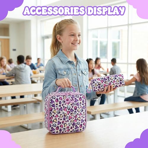 Kids Rolling Backpack with Wheels,3PCS Kids Trolley School Bag Set with Lunch Box & Pencil Case,Bookbag for Elementary School Travel - color: Purple Multicolor Love