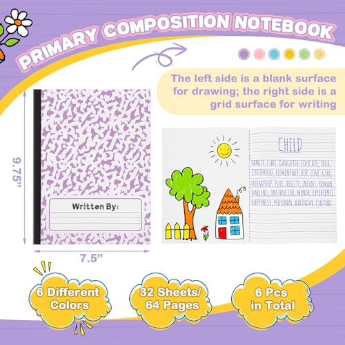Henoyso 6 Pack Primary Composition Notebook for Kids, K-2 Journal with Half Blank Half Lined Pages, Draw and Write Journal for Kindergarten, 1st & 2nd Grade, Pastel Color Covers - color: Pastel