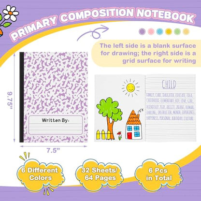 Henoyso 6 Pack Primary Composition Notebook for Kids, K-2 Journal with Half Blank Half Lined Pages, Draw and Write Journal for Kindergarten, 1st & 2nd Grade, Pastel Color Covers - color: Pastel
