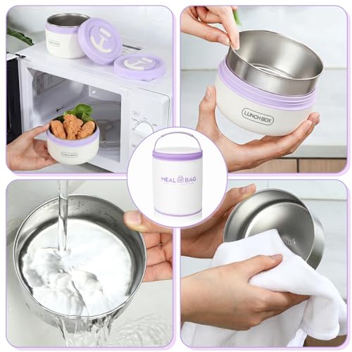 Dandat 2 Pcs Portable Insulated Lunch Containers Thermal Bento Box with Bag Fork Knife Stainless Steel Lunch Box 15.2 oz 21 oz Separate Stackable Food Jar for Adult Men Women(Purple) - color: Purple