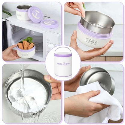 Dandat 2 Pcs Portable Insulated Lunch Containers Thermal Bento Box with Bag Fork Knife Stainless Steel Lunch Box 15.2 oz 21 oz Separate Stackable Food Jar for Adult Men Women(Purple) - color: Purple