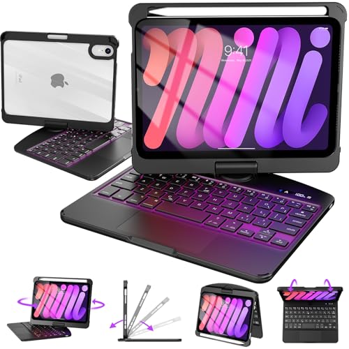 Intermerge Case with Keyboard for iPad mini 7 (A17 Pro, 2024) & Mini 6 (2021) 8.3" - 360° Swivel Multi-Touch Trackpad, 7-Color RGB Backlit Keys, Pencil Holder, Power Indicator-Solid Black - color: Solid Black, size: Mini 7th(a17 Pro)/ Mini 6th(2021)