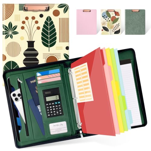 Ospelelf Vintage Leather 3 Ring Portfolio Binder, Zippered Clipboard Folder with Storage - 5 Dividers with Pocket, Padfolio for Women,12.1” Tablet Sleeve, Refillable Notepad, Card Slot - color: Vintage Botanical