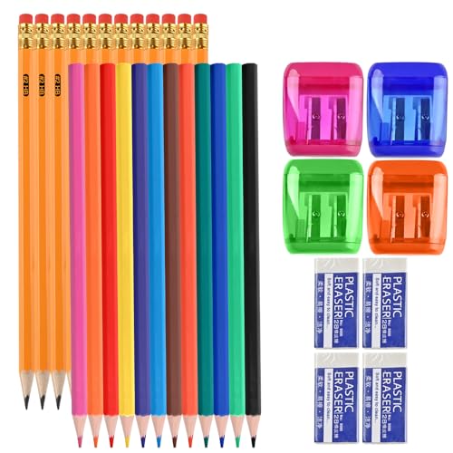 WELLFAR 32 PCS Pencils Set, 12 Pack Pencils #2 HB + 12 Colored Pencils, Wooden/Wood Lead Pencil with 4 Sharpeners & 4 Erasers, Number 2 Lapiz, Complete Art & Homework Kit for Drawing Writing.