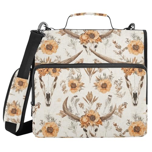 Western Boho Cow Skull Flower Zipper Binder with Shoulder Strap Bag 3 Ring Binder Organizer Large Capacity Multiple Compartments for School Office - color: Multicolored 25