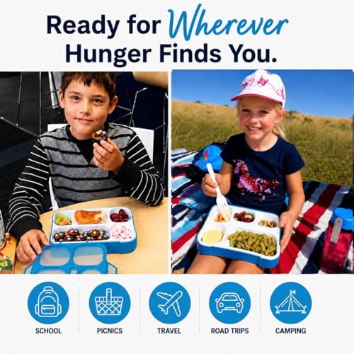 Bento Box Lunch-Box for Kids Adults, Snackle Box Snack Containers for Toddlers Daycare, Leakproof School Bentobox, 6 Section Meal Container for Boys Girls Women Lunches, BPA Free Utensils, Blue - color: Blue