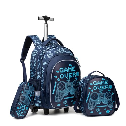 Meetbelify Boys Rolling Backpack with Wheels Kids Luggage for Elementary Students Trolley Trip Carry On Bag for Girls Boys 6-8 - color: Boy Game
