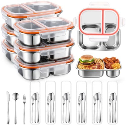 36 Pcs Stainless Steel Snack Containers Set with Fork, Knife, Spoon & Chopsticks – 6 Pack 27 oz Leakproof Bento Snack Boxes, 2-compartment Food Storage Container for Snacks, Fruits, Meal Prep & Travel - style: 2-compartments