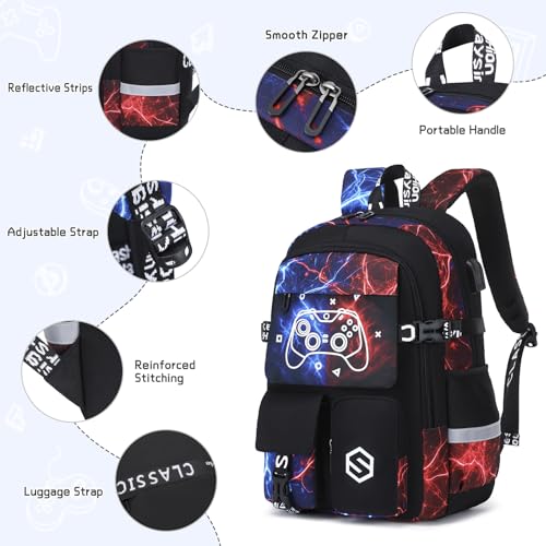 Scothen Boys Backpack, Cool Luminous School Backpacks for Boys with Lunch Bag Pencil Case, Kids Backpack Kindergarten Elementary Middle School Book Bags for Teen Boy Children with USB Charging Port - color: Cool Red-blue