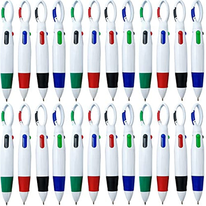NSBELL 24PCS Plastic Carabiner Shuttle Pens 4-in-1 Retractable Ballpoint Pens Multicolor Pens with Buckle Keychain on Top for Office School Supplies Students Children Gift