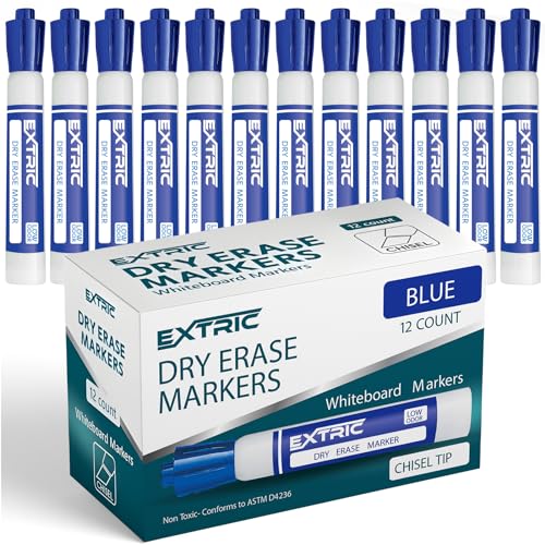 EXTRIC Blue Dry Erase Markers 12 PK Whiteboard Marker Chisel Tip Low Odor | Use: Whiteboards and Glass Boards, Color: Vivid Blue Ink, Tip Style: Chisel Tip, Feature: Low-Odor, Non-Toxic - color: Blue, size: 1 Count (Pack of 12)
