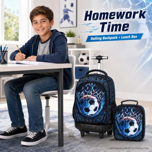 HPJGD 3PCS Soccer Rolling Backpack for Boys, Kids School Backpacks with Wheels, Water Resistant Roller Wheeled Bookbag Set with Lunch Box - color: Black Soccer Rolling Set