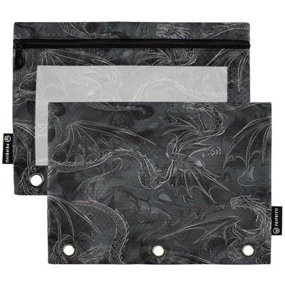 Studying 2 Pack Fashion Black Dragons Wyverns Art Pattern 3 Ring Binder Pencil Pouch Bags,Clear Window Zipper Storage Case for Boys Girls School Office Supplies Cosmetics Organizers - color: Multi-black Dragon
