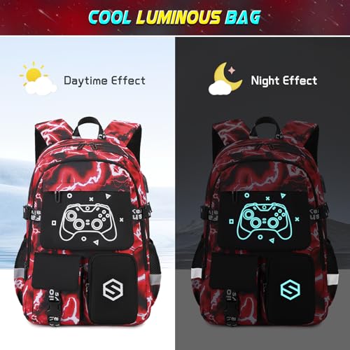 Scothen Boys Backpack, Cool Luminous School Backpacks for Boys with Lunch Bag Pencil Case, Kids Backpack Kindergarten Elementary Middle School Book Bags for Teen Boy Children with USB Charging Port - color: Red Lightning