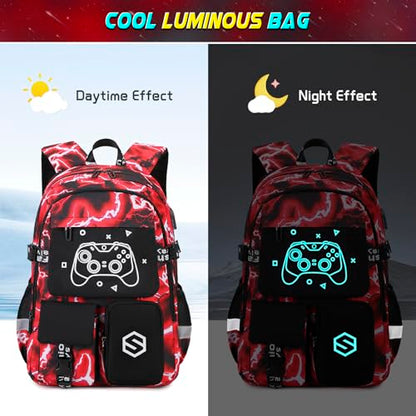 Scothen Boys Backpack, Cool Luminous School Backpacks for Boys with Lunch Bag Pencil Case, Kids Backpack Kindergarten Elementary Middle School Book Bags for Teen Boy Children with USB Charging Port - color: Red Lightning