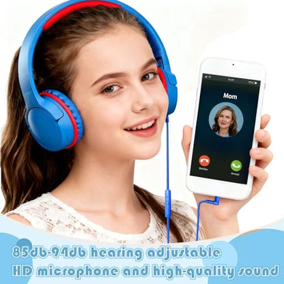 Kids Wired Headphones for School, Over-Ear Children's Headphones with Microphone, Foldable 85/94dB Volume Limited Headphones, 3.5mm & USB-C Compatible(Blue Lemon) - color: Blue Lemon